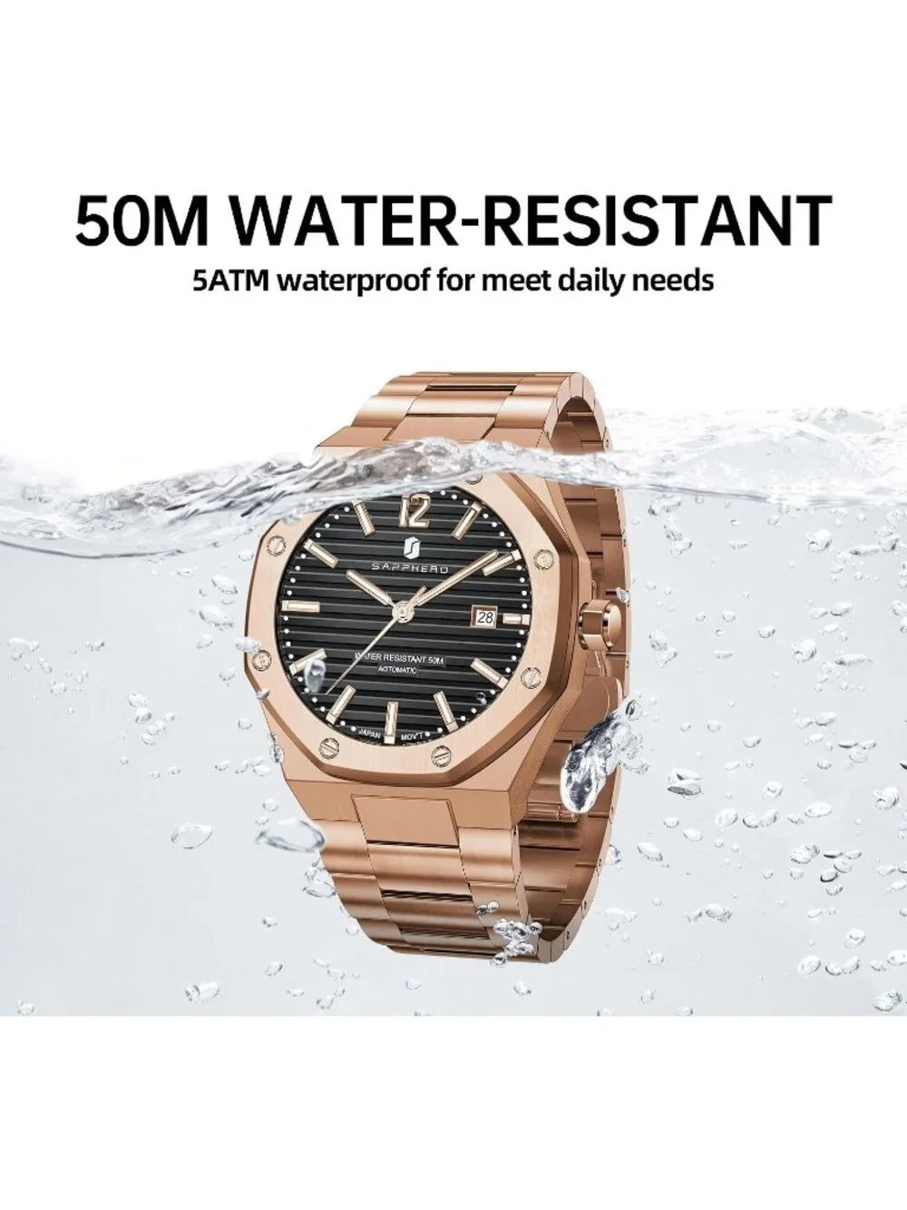 Men's Rose Gold Strap / Black Face Chronograph Stainless Steel Waterproof Watch